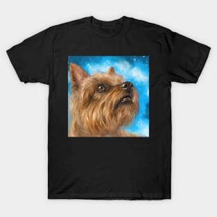 Painting of a Brown Yorkshire Terrier Looking Up With a Cute Facial Expression on Blue Background T-Shirt